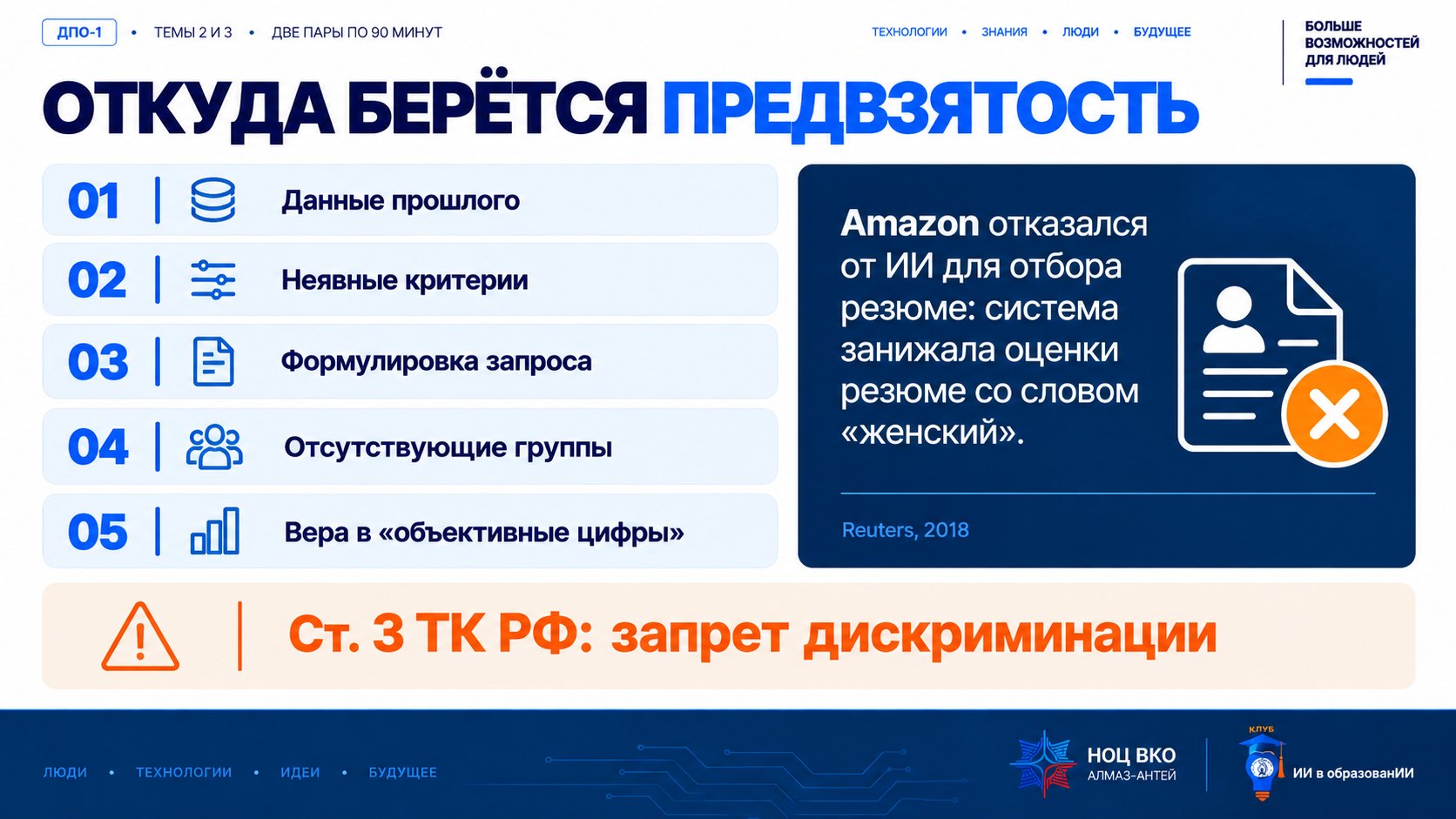 Слайд «Откуда берётся предвзятость»: прошлые данные, критерии, формулировка запроса, отсутствующие группы, вера в «объективные цифры»