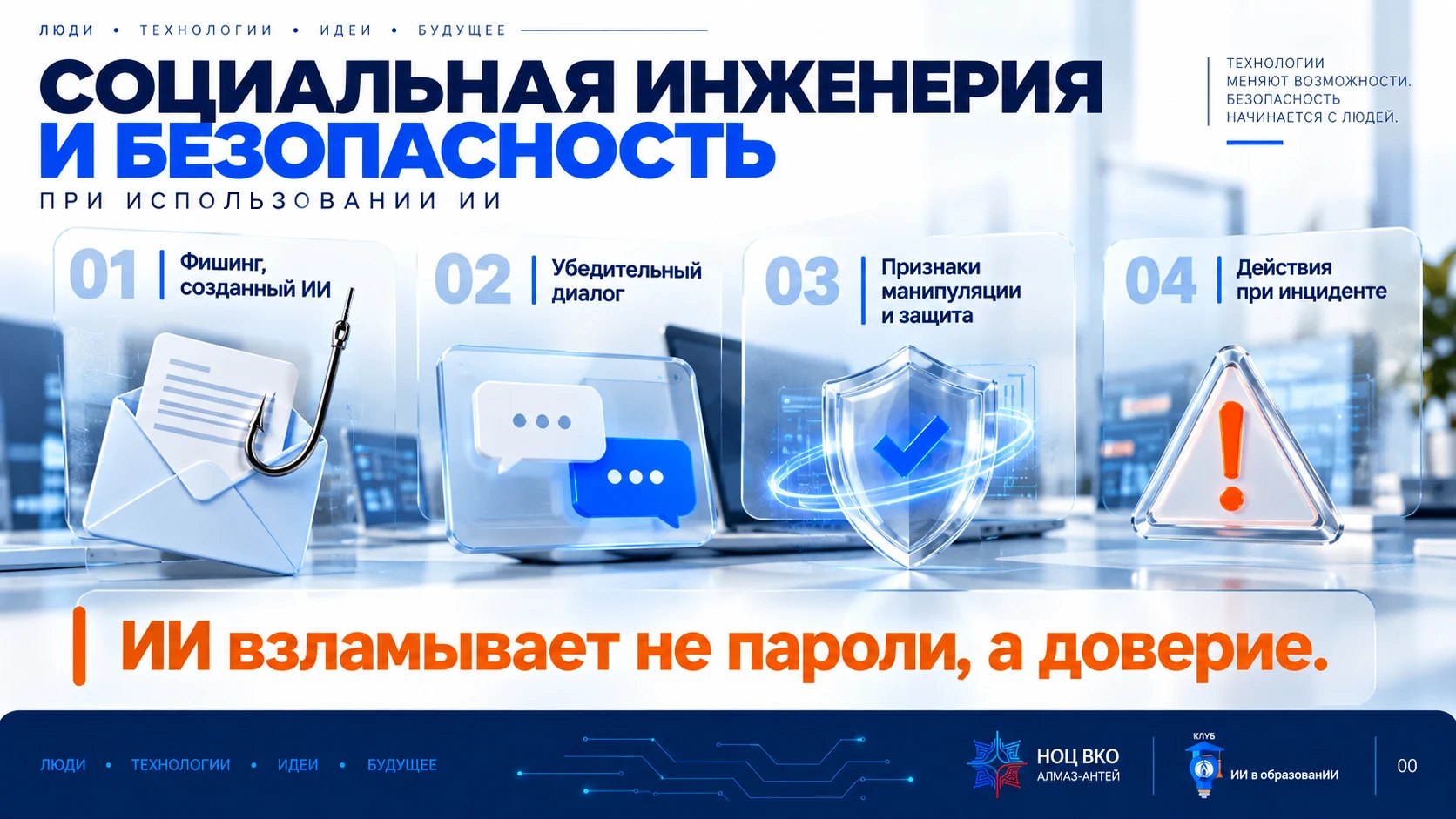 Слайд «Социальная инженерия и безопасность при использовании ИИ»: четыре блока — фишинг, созданный ИИ; убедительный диалог; признаки манипуляции и защита; действия при инциденте