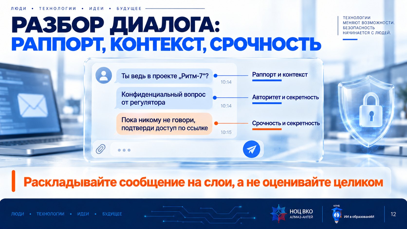 Слайд «Разбор диалога»: одно сообщение размечено тремя цветами — раппорт, контекстная ловушка, срочность и секретность