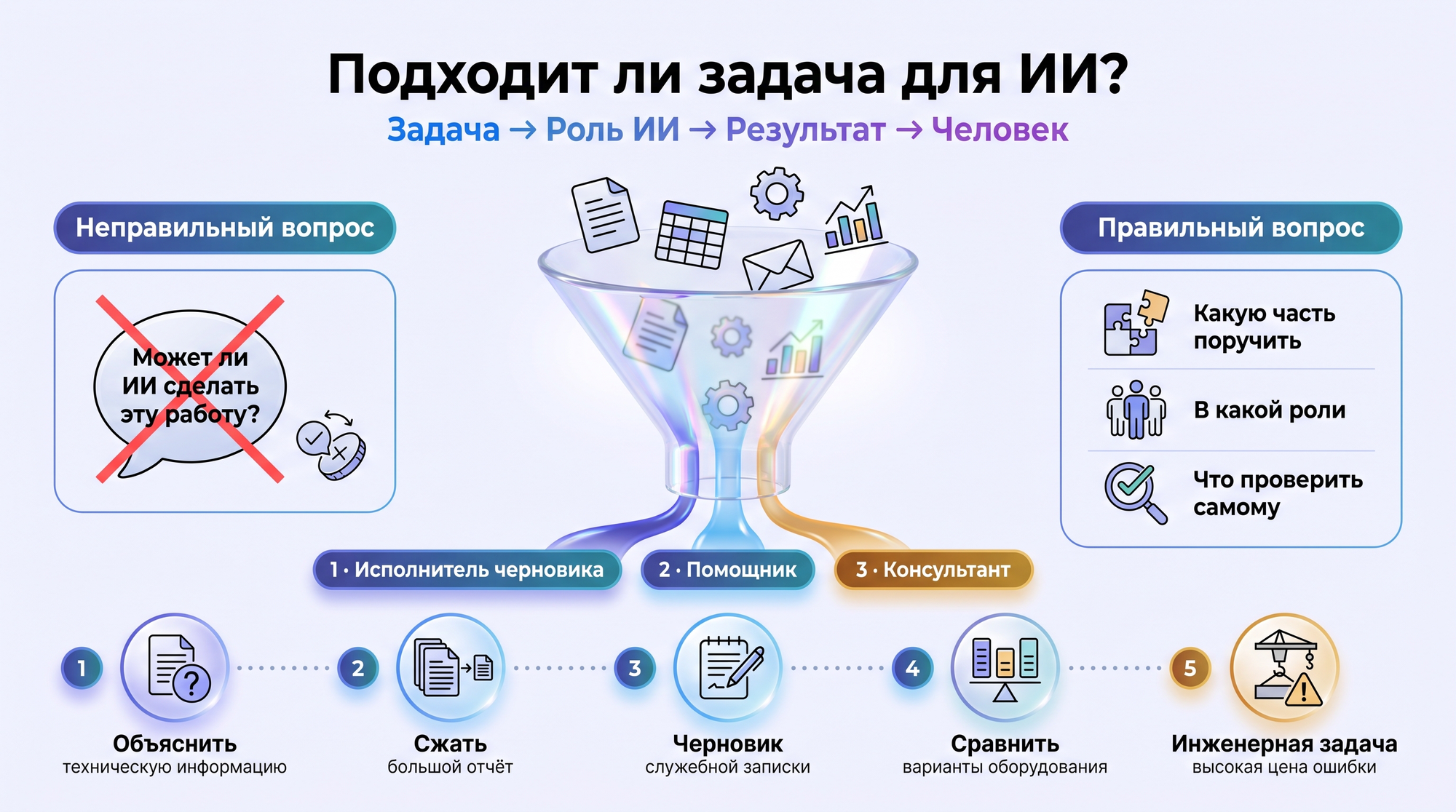 Инфографика: от вопроса «может ли ИИ?» к формуле «задача → роль ИИ → результат → человек», три роли ИИ и пять кейсов практикума