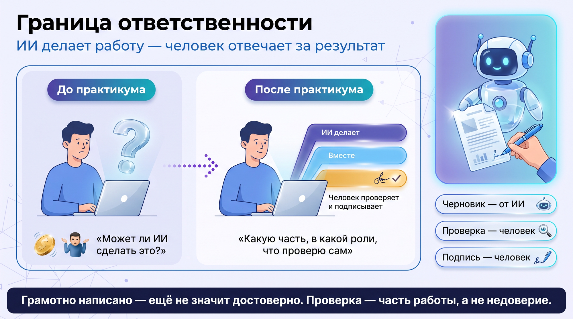 Инфографика: до и после практикума — от вопроса «может ли ИИ сделать?» к распределению работы между ИИ и человеком по трём ролям