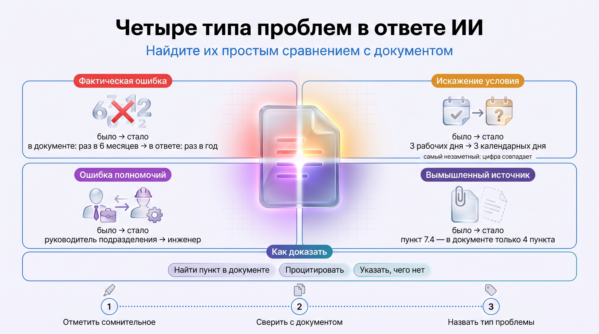 Инфографика: четыре типа проблем в ответе ИИ — фактическая ошибка, искажение условия, ошибка полномочий, вымышленный источник — с примерами из регламента Р-17